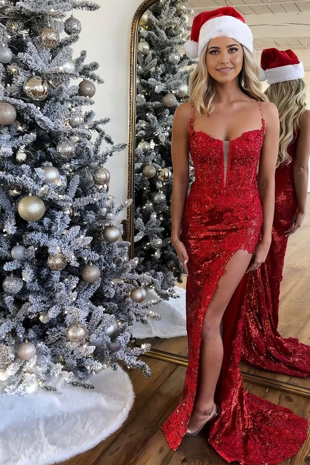 Sparkly Spaghetti Straps Lace Up Corset Long Prom Dress With Split